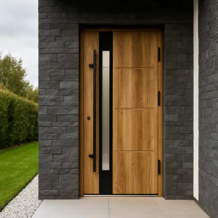 Visos Modern kolekcijos durys gali būti apdailintos dviem skirtingų medžiagų tipais: tai gali būti nerūdijančio plieno aplikacija su šlifuoto inox paviršiaus tekstūra arba anoduoto juodo aliuminio lakštas.