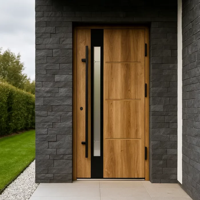 Visos Modern kolekcijos durys gali būti apdailintos dviem skirtingų medžiagų tipais: tai gali būti nerūdijančio plieno aplikacija su šlifuoto inox paviršiaus tekstūra arba anoduoto juodo aliuminio lakštas.