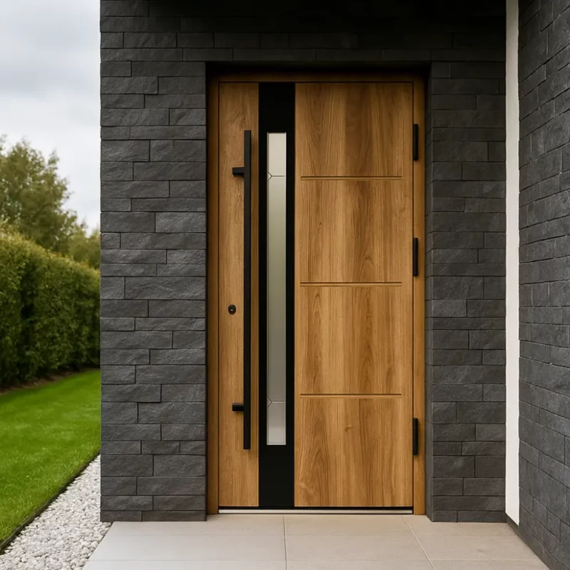 Visos Modern kolekcijos durys gali būti apdailintos dviem skirtingų medžiagų tipais: tai gali būti nerūdijančio plieno aplikacija su šlifuoto inox paviršiaus tekstūra arba anoduoto juodo aliuminio lakštas.