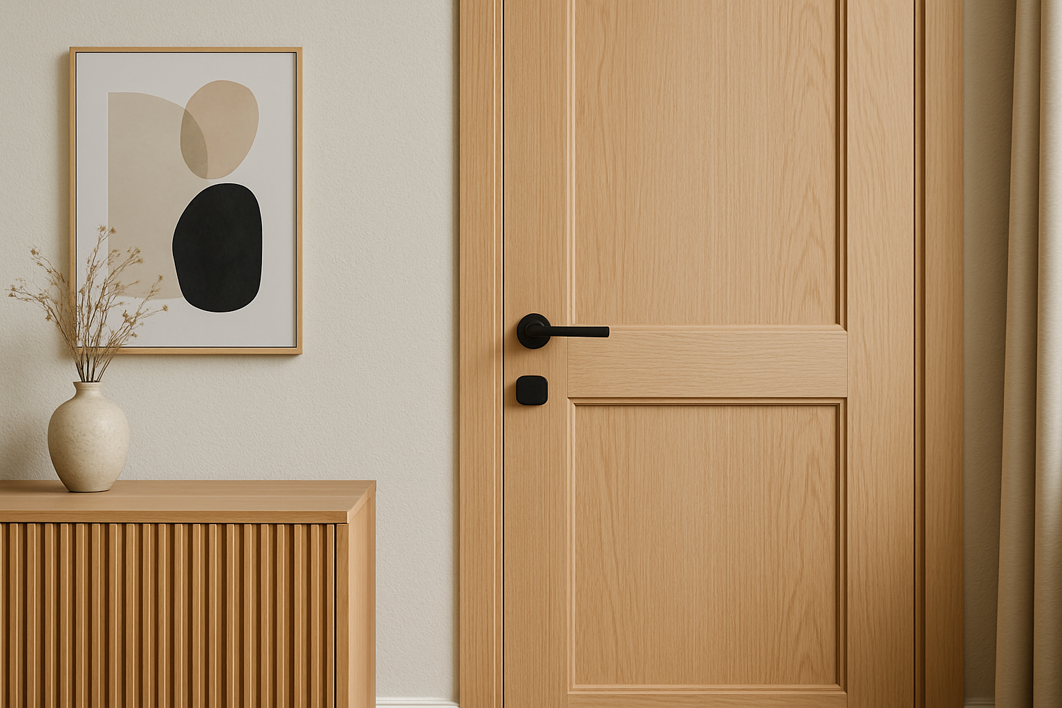 2025 metų durų tendencijos natūrali mediena, juoda furnitūra, paslėptos ir išmanios durys moderniam interjerui