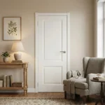 „Šviesus svetainės interjeras su baltomis durimis, pilku foteliu ir staliuku“