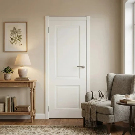 „Šviesus svetainės interjeras su baltomis durimis, pilku foteliu ir staliuku“