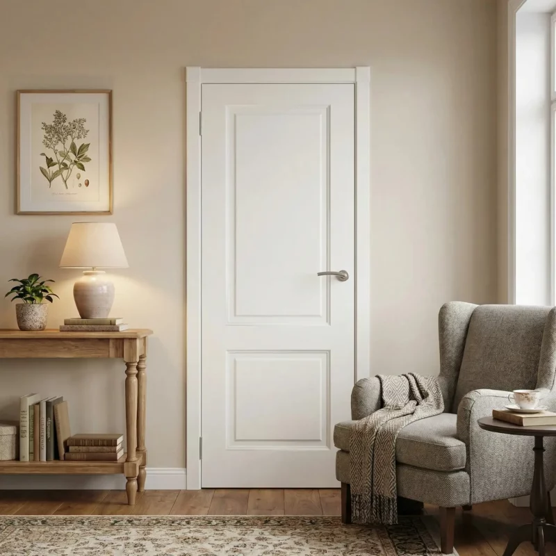 „Šviesus svetainės interjeras su baltomis durimis, pilku foteliu ir staliuku“