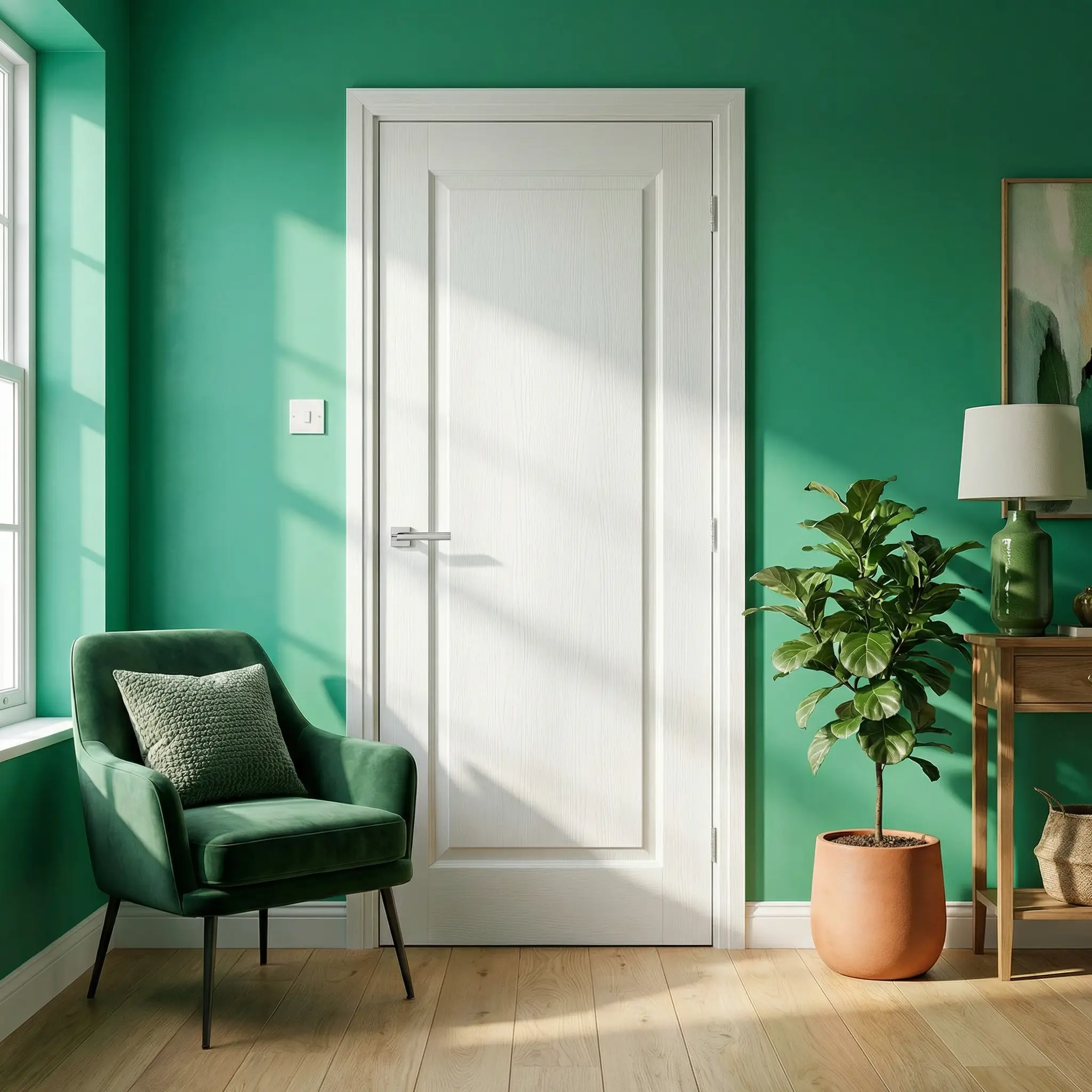 Neo - 01B vidaus durų varčia, balta, pilnavidurė Neo - 01B balta pilnavidurė vidaus durų varčia su CPL ekodanga